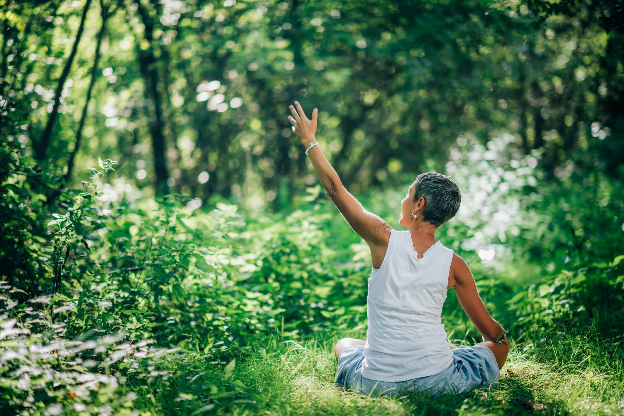 A serene setting with a person meditating in nature, surrounded by calming elements, symbolizing mindfulness, emotional balance, and holistic well-being.