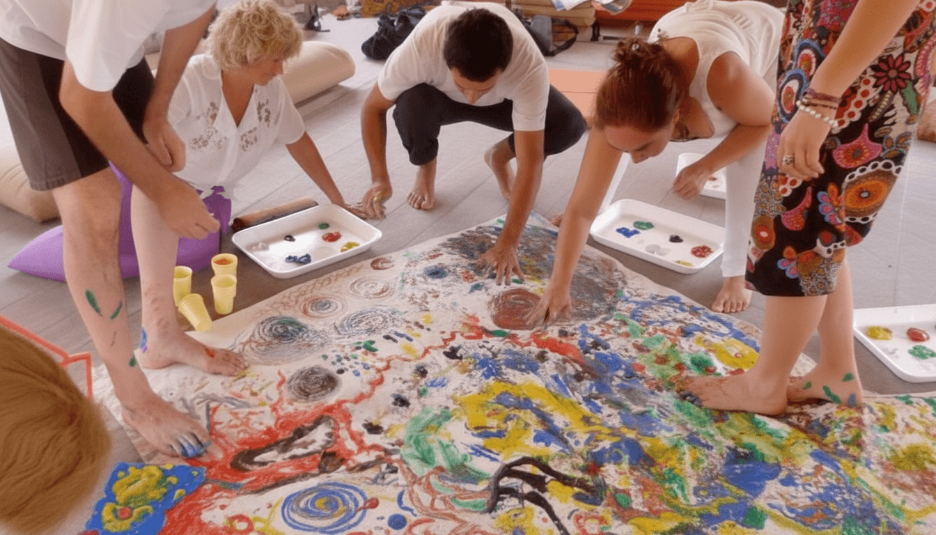 Un grupo de personas que practican arteterapia, pintan y crean juntos en un entorno de apoyo, fomentando la autoexpresión, la curación emocional y la atención plena a través de la creatividad.